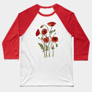 Poppies Botanical Illustration Baseball T-Shirt